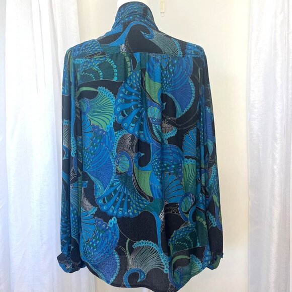 Chico's Peacock Satin Tie Neck Blouse Ladies Size Small Large Sleeves Colorful - Picture 2 of 8